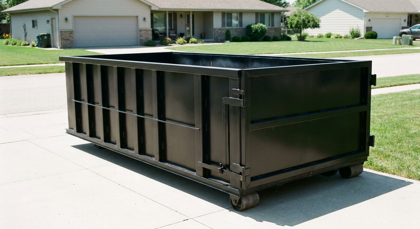 Matte-black 10-yard roll-off dumpster on a residential concrete driveway in Miramar, uniformly painted matte black across every panel and rail, ribbed steel sidewalls and rear swing door visible, mid-day daylight.