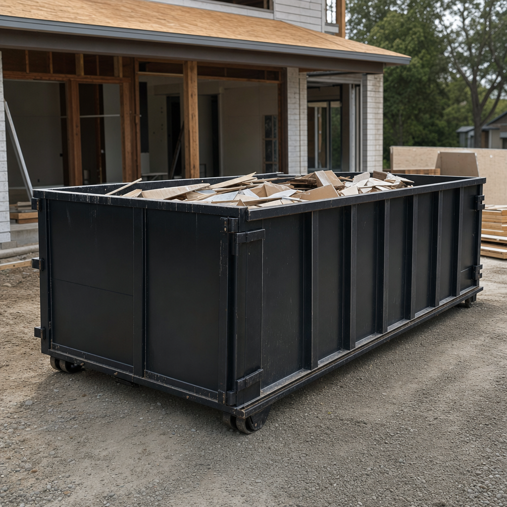 Large matte-black 30-yard construction roll-off dumpster at an active Miramar jobsite, steel-gray top rails and bottom rollers visible, loaded with construction debris.