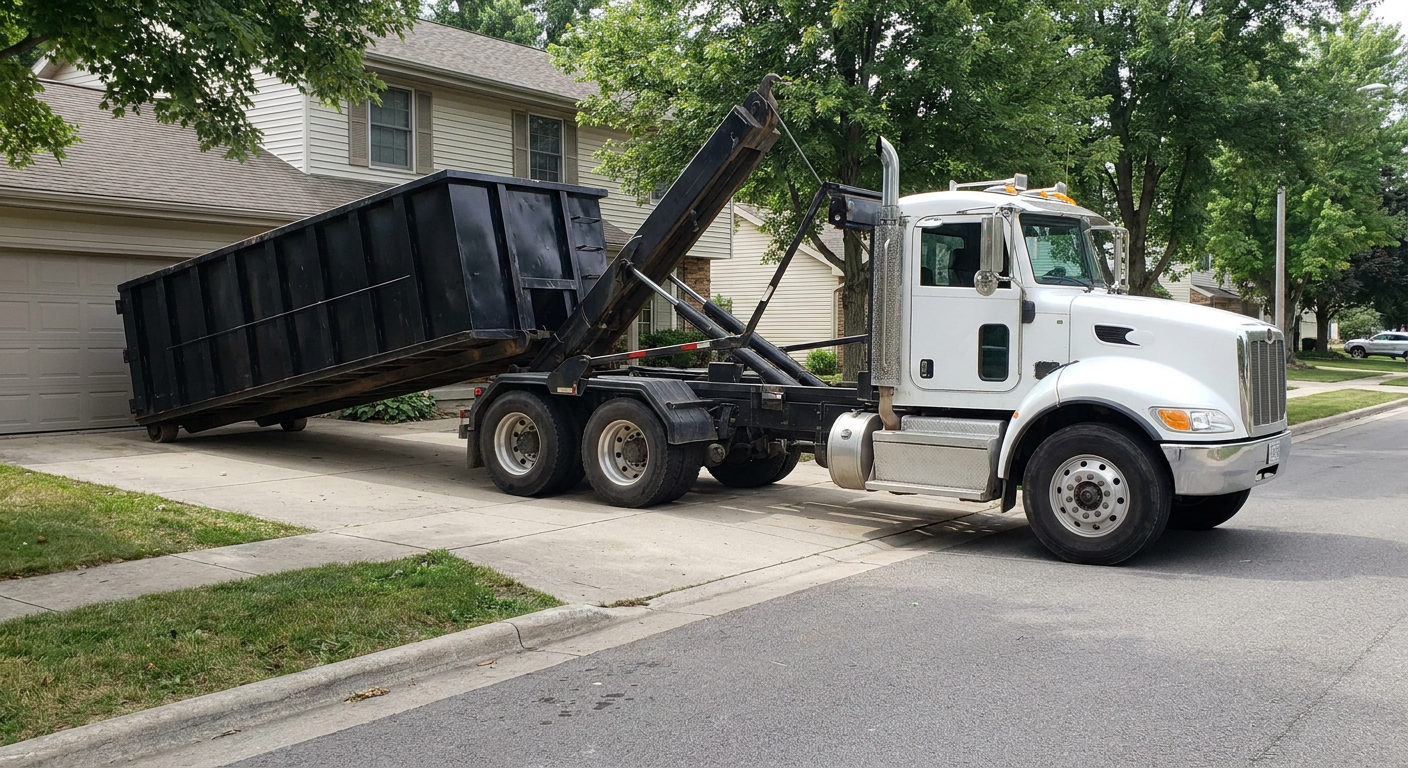 White-cab hooklift roll-off truck actively lowering a matte-black dumpster onto a Miramar residential concrete driveway, the dumpster's rear wheels touching the driveway as the hoist arm tilts the bed forward, mid-morning daylight.