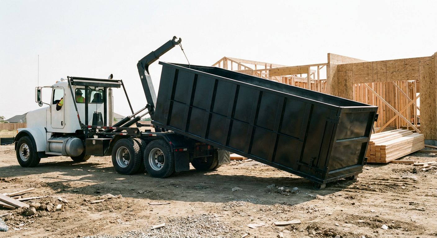 Matte-black roll-off dumpster being delivered onto a clean residential concrete driveway in Miramar by an unmarked white hooklift hauler truck, bright morning daylight, documentary 35mm perspective.